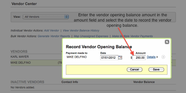 Vendor's Opening Balance